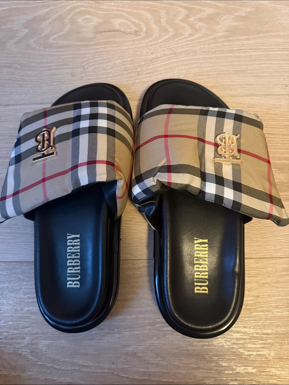 Burberry Black Footbed Tan Vintage Check Slide Sandals with Gold Logo